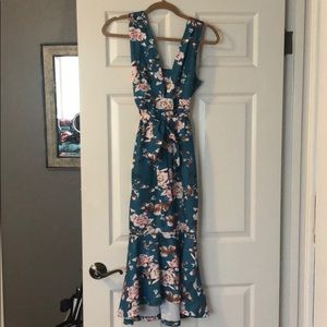 Teal Floral Midi Bodycon Dress